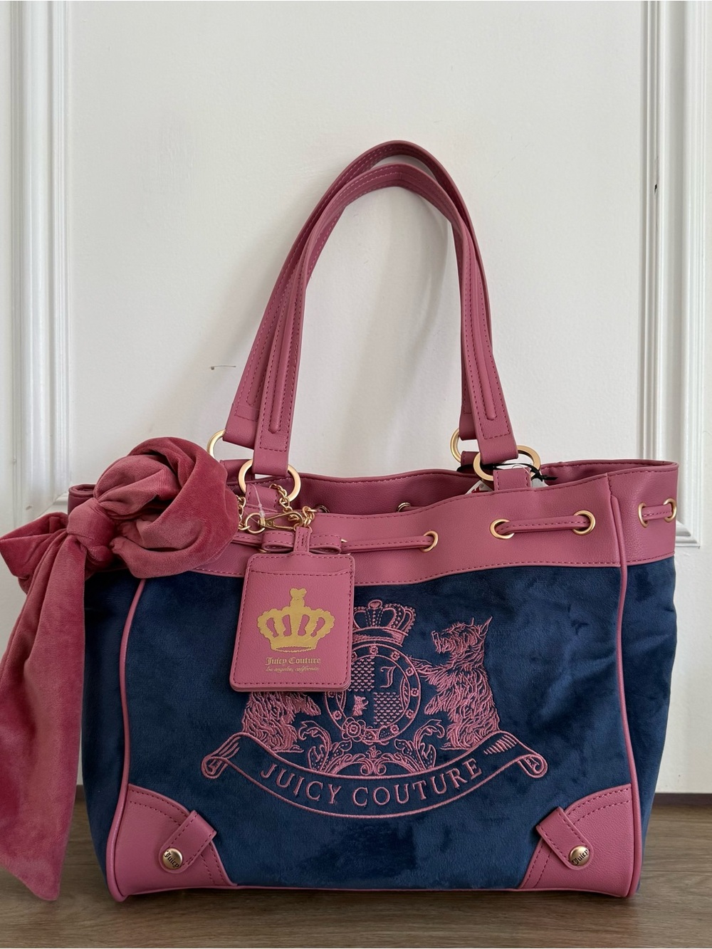 Juicy Couture Daydreamer Tote Bag Navy Blue Pink Velour